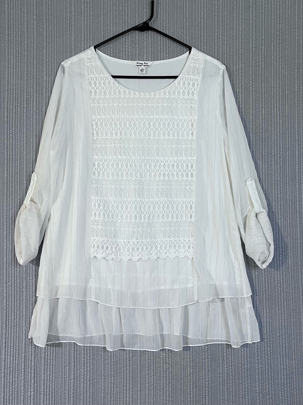 Lazy Kat White Lace Overlay Tunic Blouse Tiered Ruffle Hem Womens L Romantic